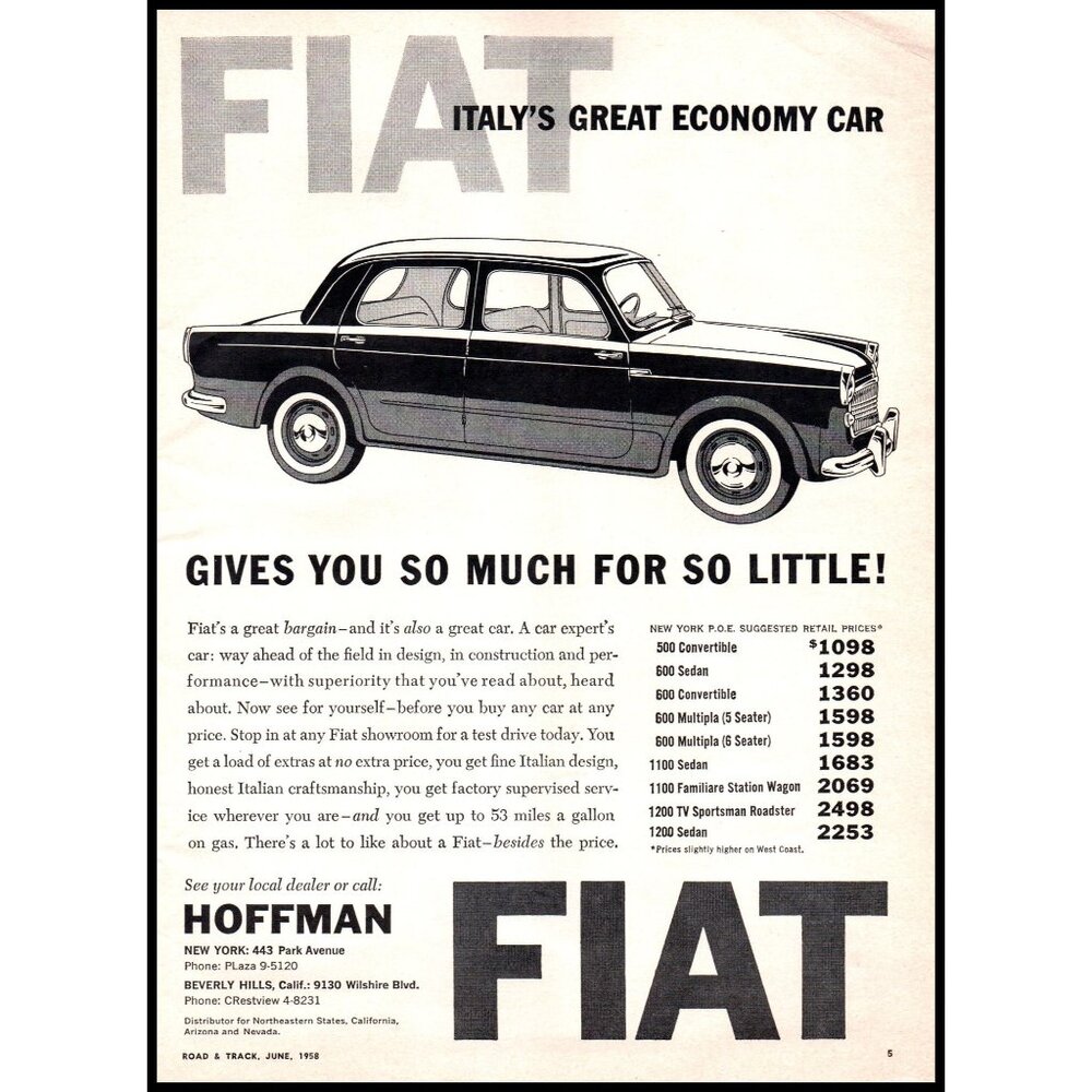1958 Fiat Economy Car Sedan Italy Vintage Print Ad Italian Wall Art Decor